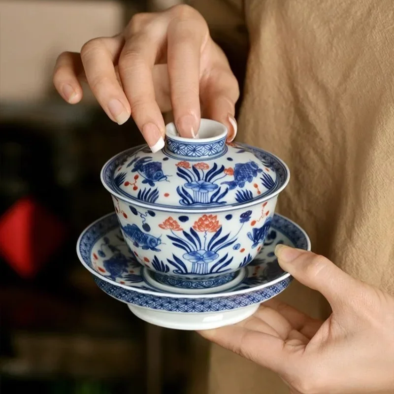 Jingdezhen Blue and White Fish and Algae Pattern Cover Bowl To Make Tea Bowl Household Ceramic Kung Fu TeaSet Pot Bearing Teacup