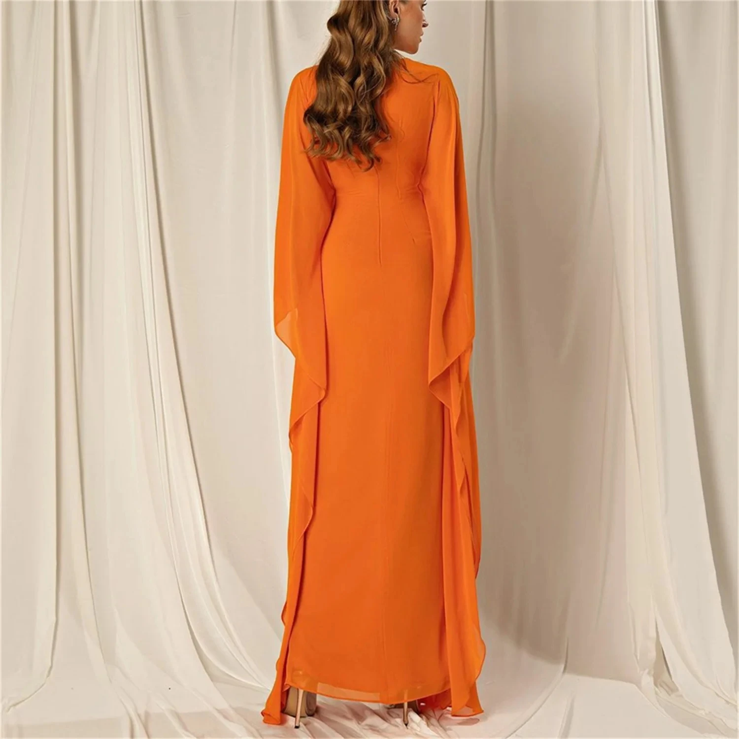 Vintage Long V-Neck Chiffon Evening Dresses With Sleeves فساتين سهرة Sheath Orange Ankle Length Prom Dresses for WomenCL-655