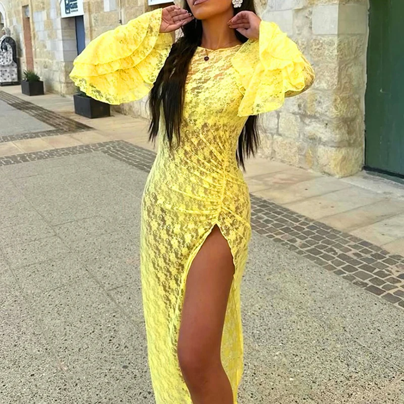 Yellow Lace Slim Fit Split Long Dress Flared Sleeves Design High Waist Women's Beach Dress Sexy Perspective Holiday Party Dress