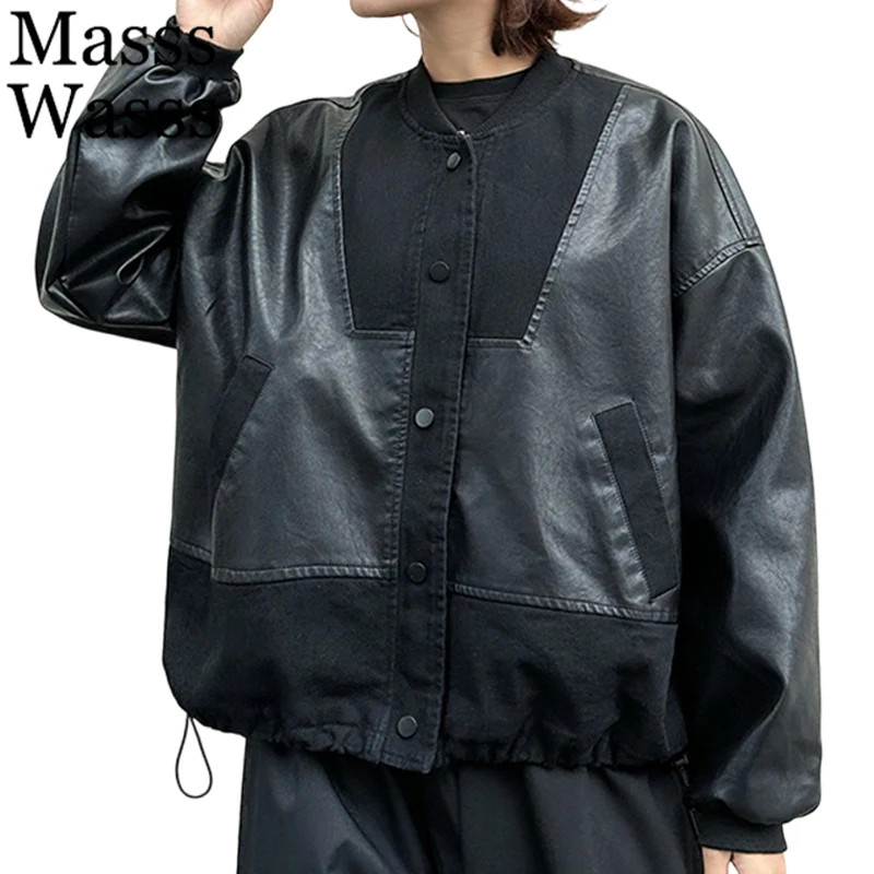 

Mass Wasss, корейские зимние женские модные винтажные повседневные куртки из искусственной кожи, байкерская верхняя одежда, женские лоскутные пальто большого размера из искусственной кожи