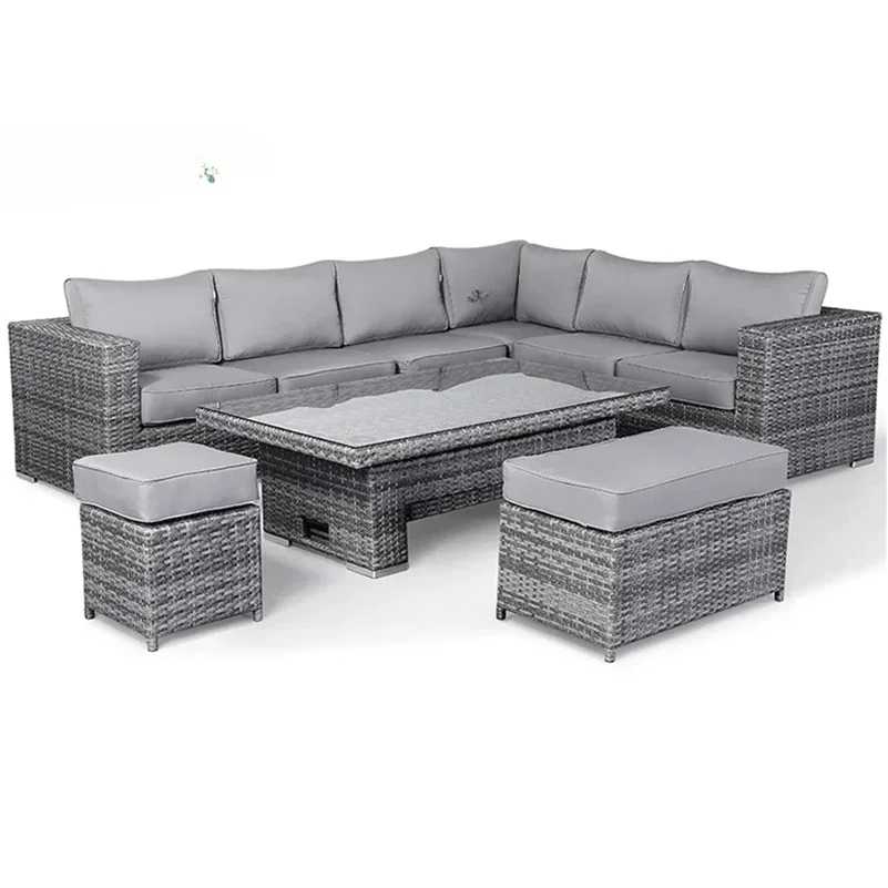 

Modern Luxury Dining Metal Aluminum Wicker Rope Sofa Garden Set With Fire Pit Outdoor Patio Furniture Set