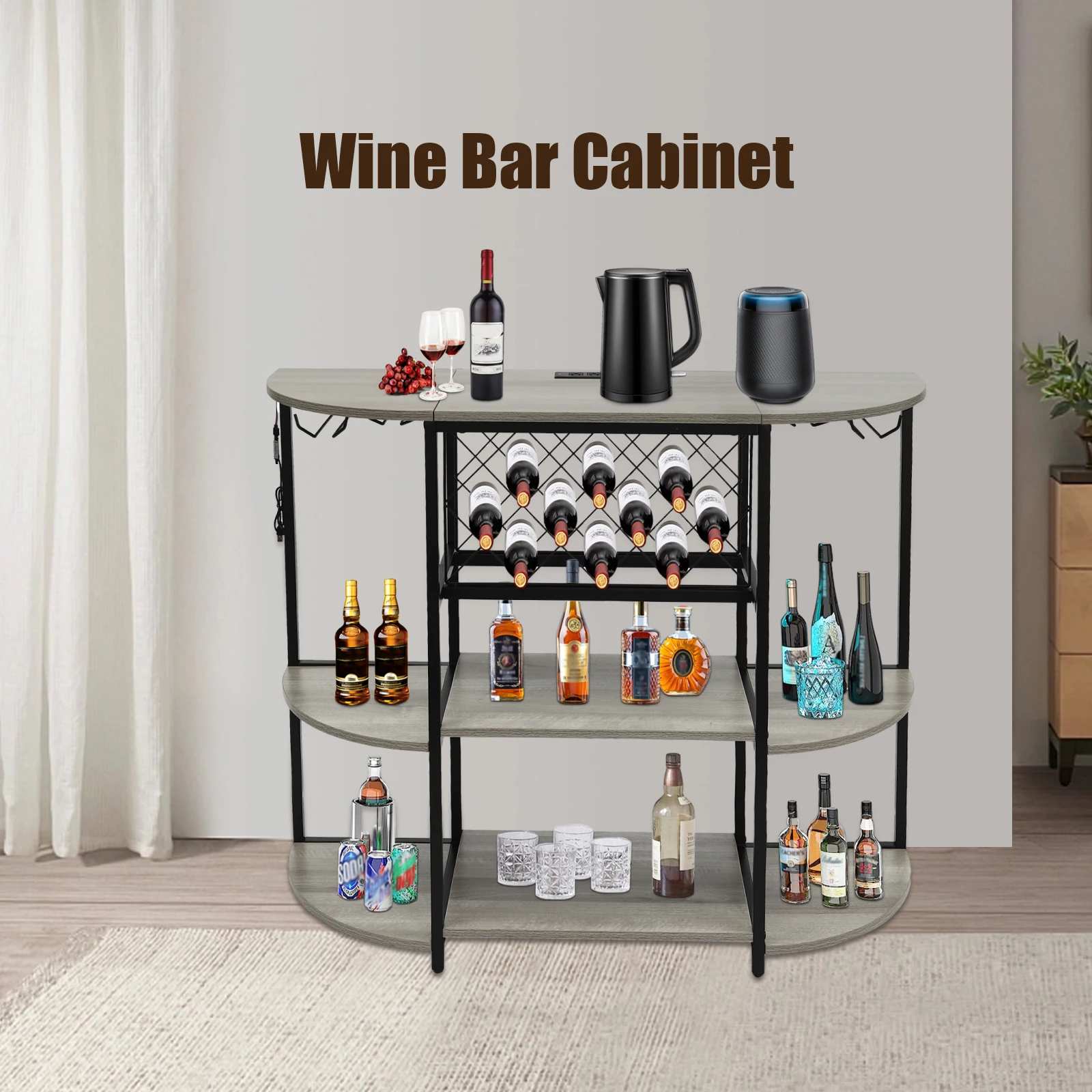 LED Light Wine Rack Table with Outlet Metal Coffee Bar Cabinet Gray