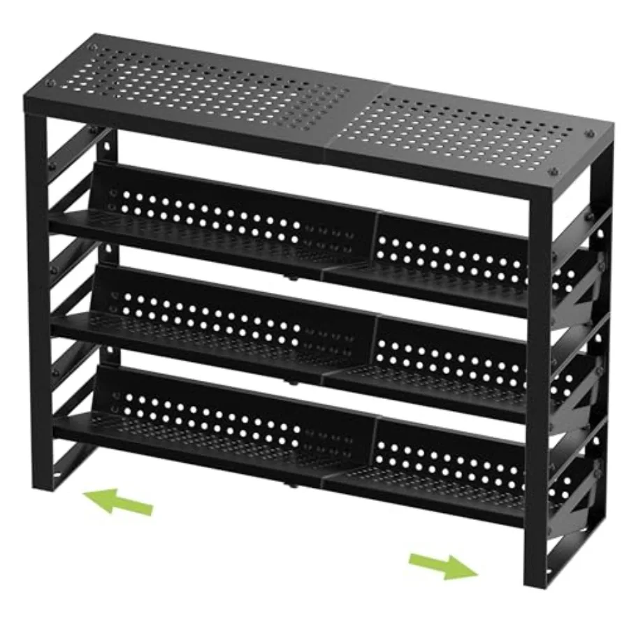 

Expandable, Stackable, Adjustable Spice Rack for kitchen organization; metal construction, black color, space-saving multi-tier
