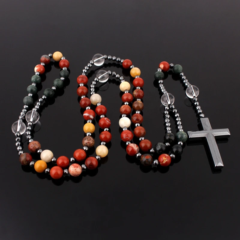 Schwarz Gallenstein Kreuz Gebetskette Anhänger Naturstein Runde Perlen Lange Kette Frauen Halskette Modeschmuck