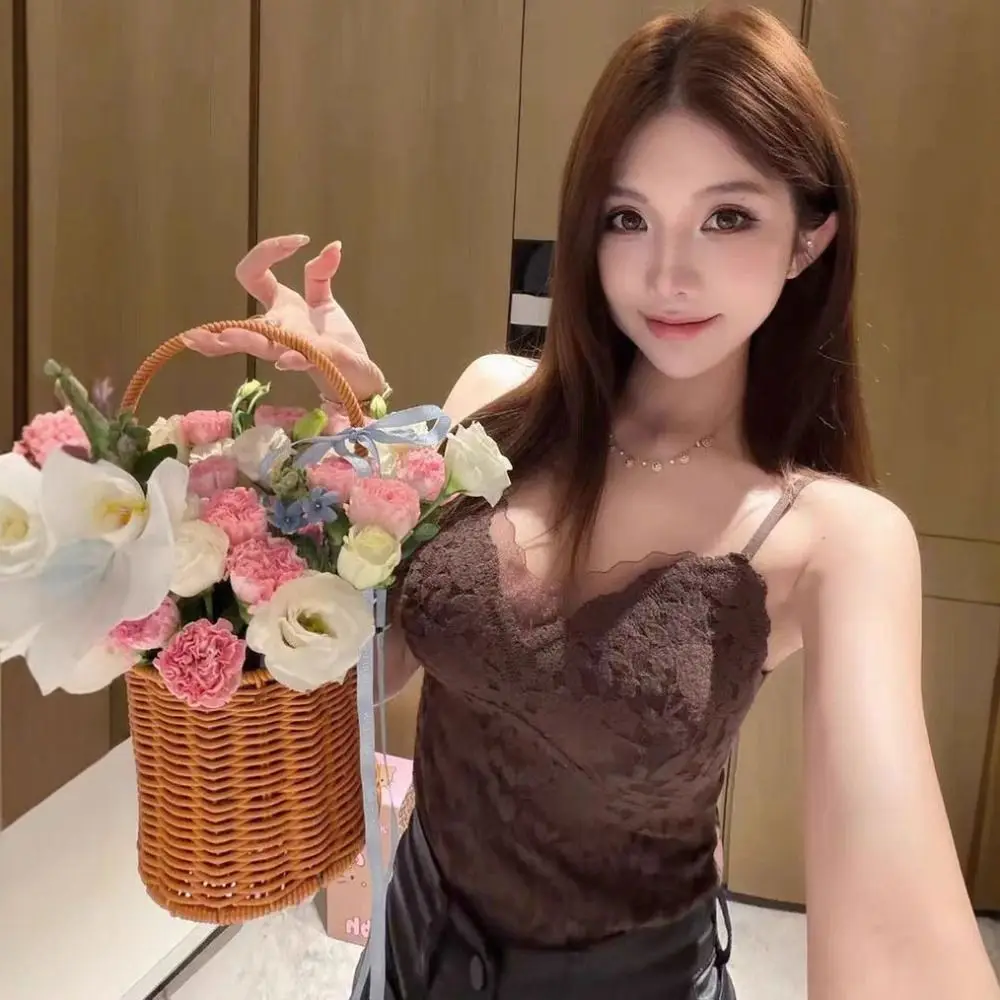 

Mesh Flower Slim Lace Crop Top Bottoming Shirt Summer Girl's Vest Top Spicy Girls Style Sweet Camisole with Pads Women