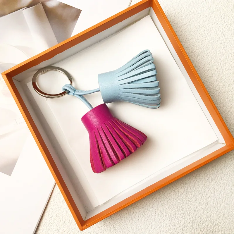 New Grass Skirt Pendant Sheepskin Hand-sewn Color-blocking Double-spike Tassel Bag Hanging Ornament Car Keychain Accessories