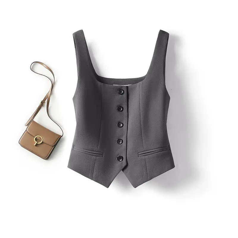 여성을위한 패션 민소매 조끼 여성 세련된 스퀘어 넥 싱글 브레스트 여름 조끼 탑 숙녀 캐주얼 양복 조끼 새 코트