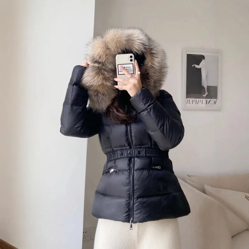 mJiamongjia down Jacket Fur Collar Fox Fur Hooded down Jacket White Duck down Waist Slimming down jaet