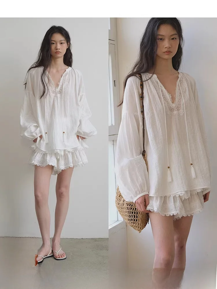 

V-Ne Lace Splice Bubble Long Sve irt White Cake Skirt Pants Set Women's Casual Sle Loose Fit Lantern Sve irt