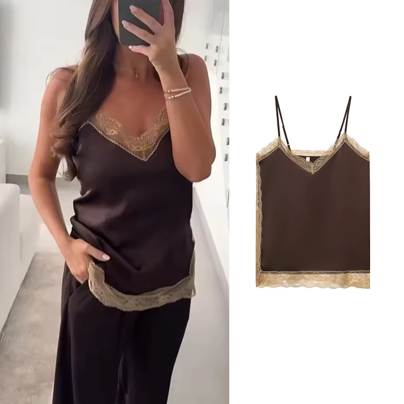 

2026 New Spring Women's Tops Fashion Straight V-neck Elegant Lace Decoration Camis Tops Women's Chic Young Elegant Travel Tops