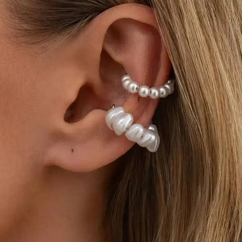 IngeSight.Z 2 Pcs/Set Elegant Romantic Imitation Pearl C-Shape Clip Earrings for Women Trendy Non Piercing Ear Cuff Jewelry Lady
