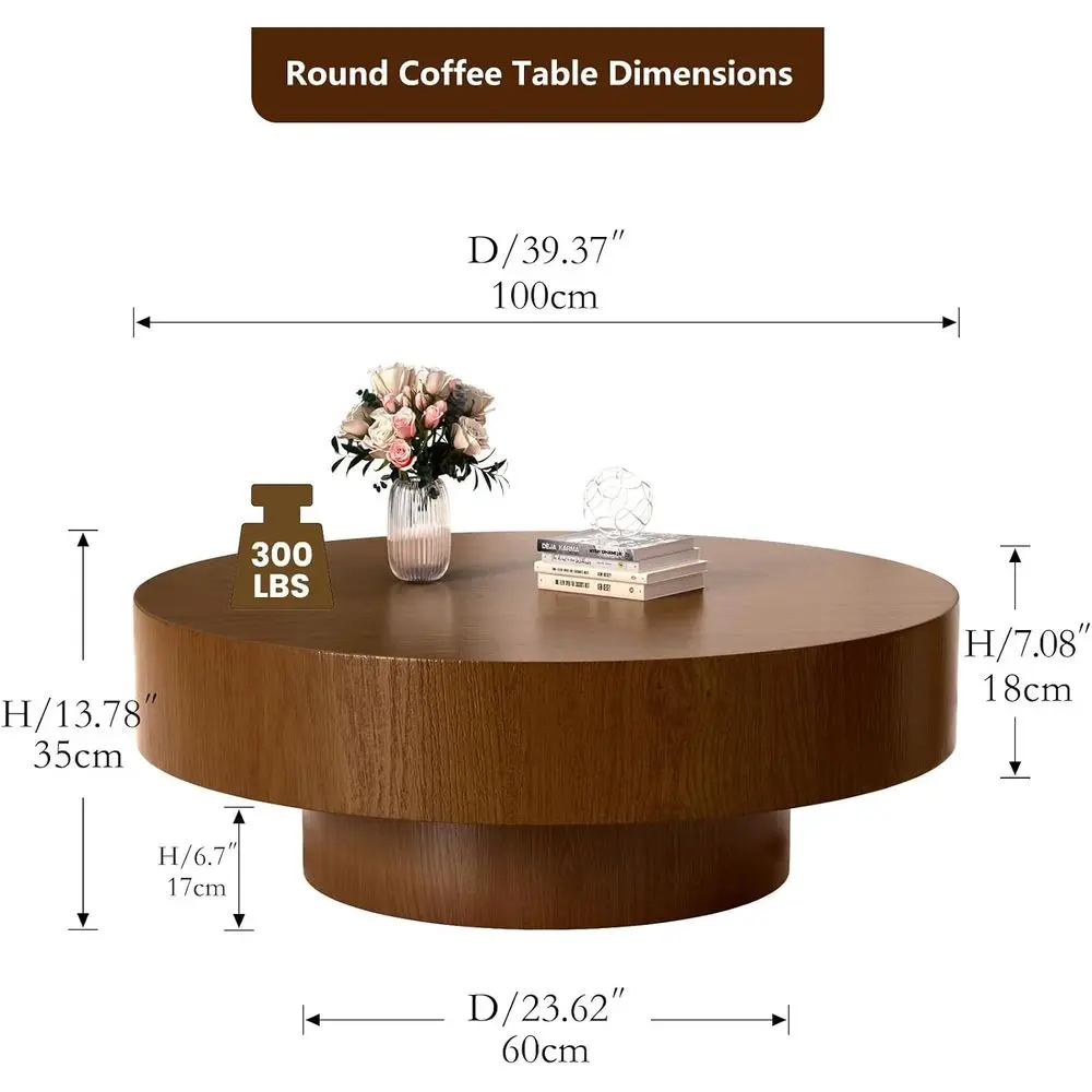 Round Coffee Table, Brown, 39.37 Diameter x 13.8 High | Durable Base, Natural Wood Grain, Ideal for Accent or Living Room Office