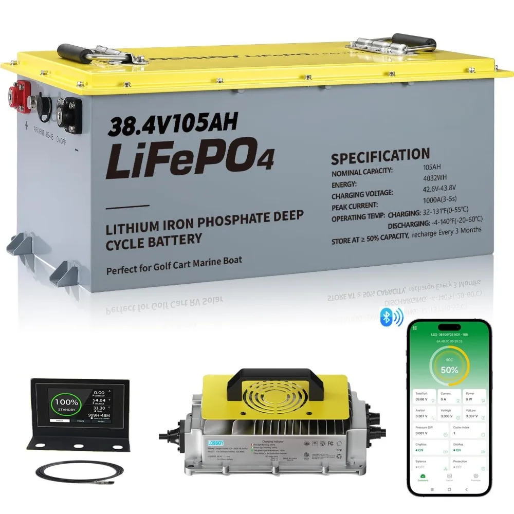 

Литиевая батарея для гольф-кара 36В 105Ач, LiFePO4 аккумулятор с BMS 200А, в комплекте зарядное устройство 25А, Bluetooth-приложение и сенсорный LCD-дисплей, на заказ