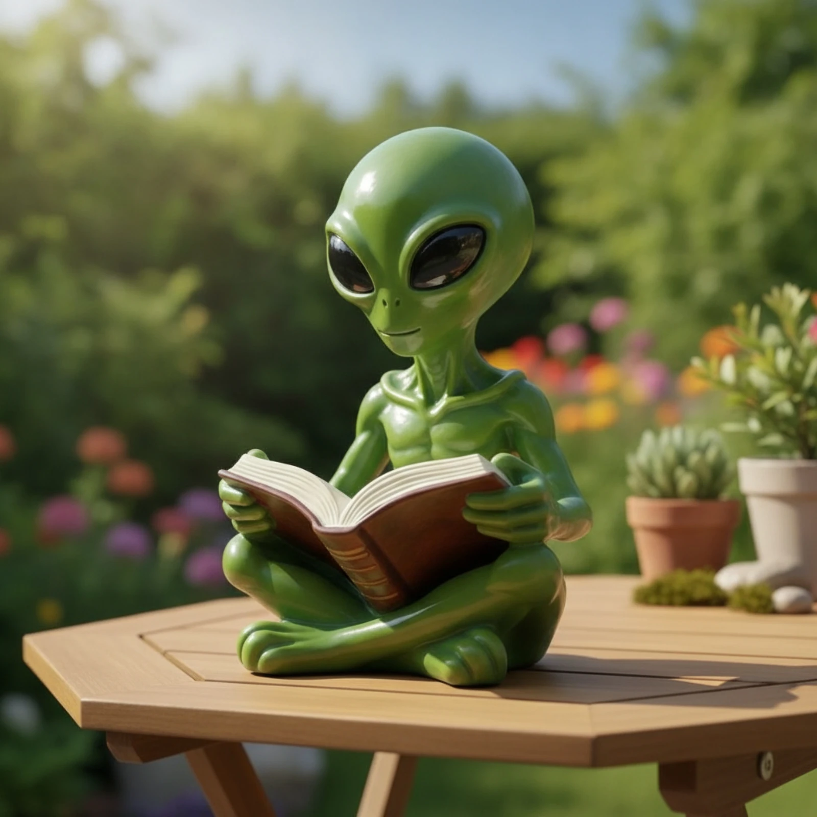 Alien Figurine with Book Extraterrestrial Resin Alien Figurine Garden Statue Quirky Whimsical for Bookshelf, Desk