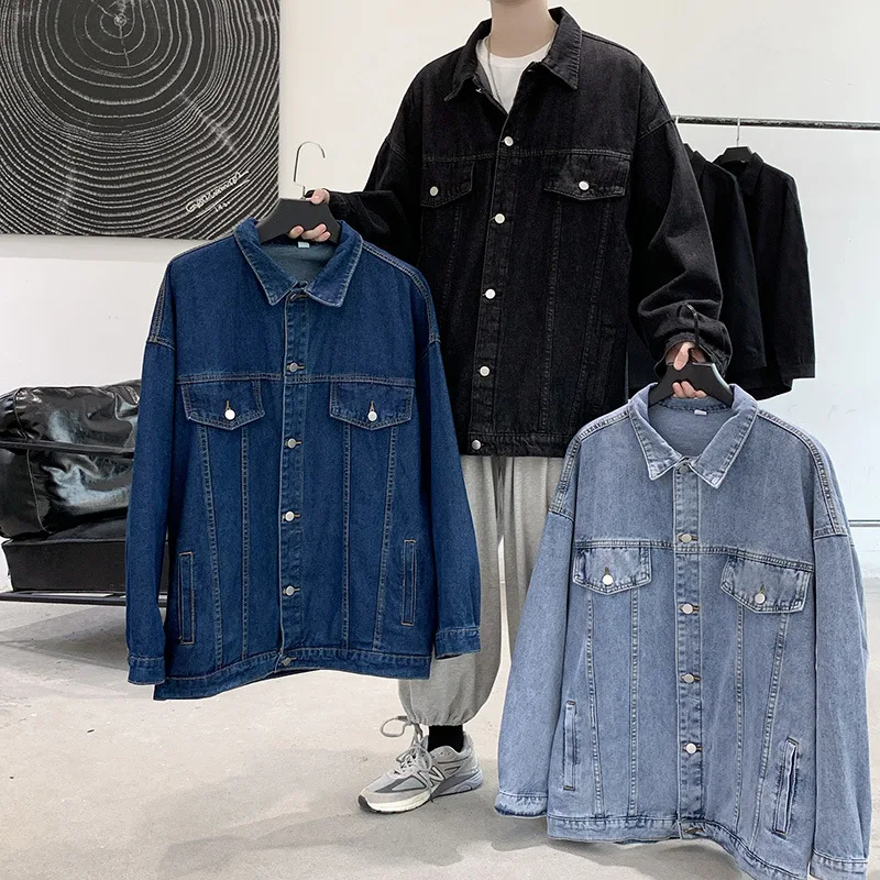 Black Denim Jacket Mens Turn Down Collar Jeans Coats Multi-pockets Overalls Streetwear Loose Casual Men Clothing