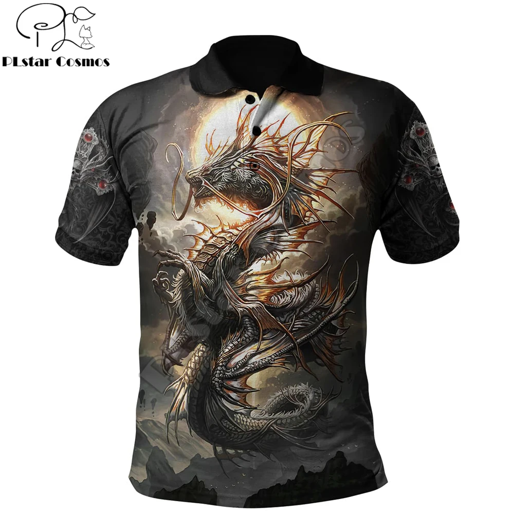 

PLstar Cosmos Tattoo Dragon 3D All Over Printed Mens Polo Shirt Summer Short Sleeve turn down collar t-shirt Casual tops POL-28