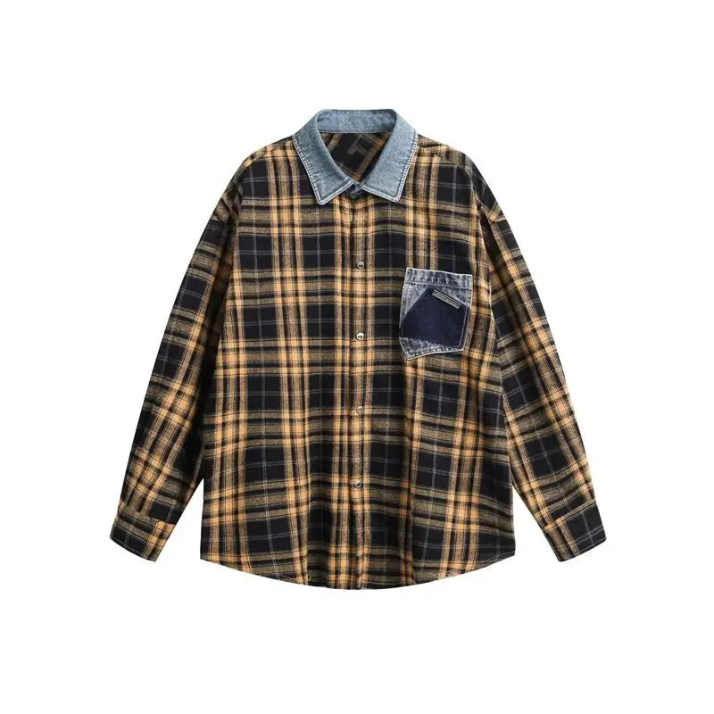 

Корейские карманные красные клетчатые рубашки Harajuku Oversize Рубашки на пуговицах Американский хип-хоп Мужчины Женщины Y2K Модные осенние куртки для отдыха