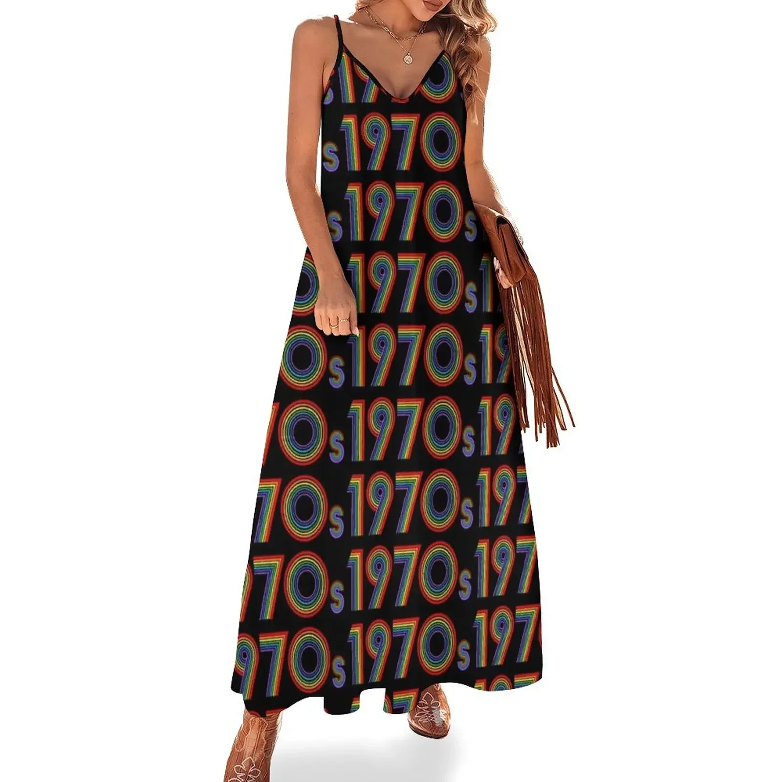 

1970s Retro Rainbow Disco Font Sleeveless Dress evening dress dress summer