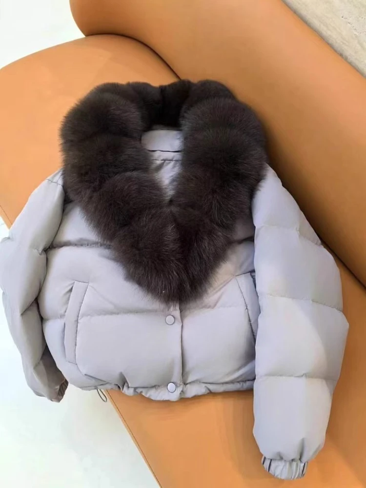 المرأة الجديدة الخريف الأبيض أوزة أسفل معطف سميكة أسفل سترة الشتاء الإناث معطف فرو الثعلب الحقيقي موضة الدافئة الفراء أسفل سترة منفوخة