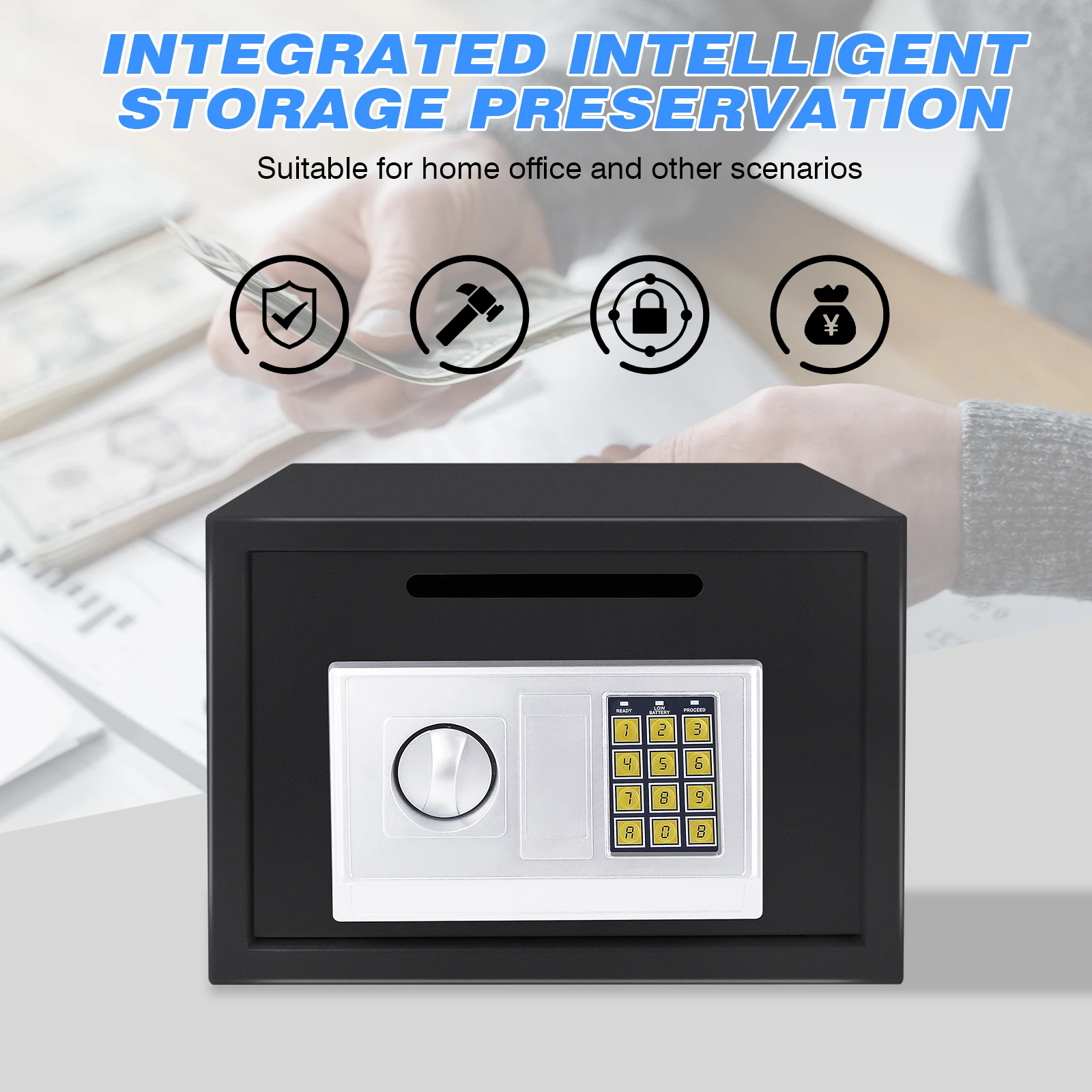 قفل فولاذي مقاوم للحريق ومقاوم للماء مع مفتاح ولوحة مفاتيح إلكترونية آمن ضد السرقة لتخزين الملفات النقدية في المكتب والفندق