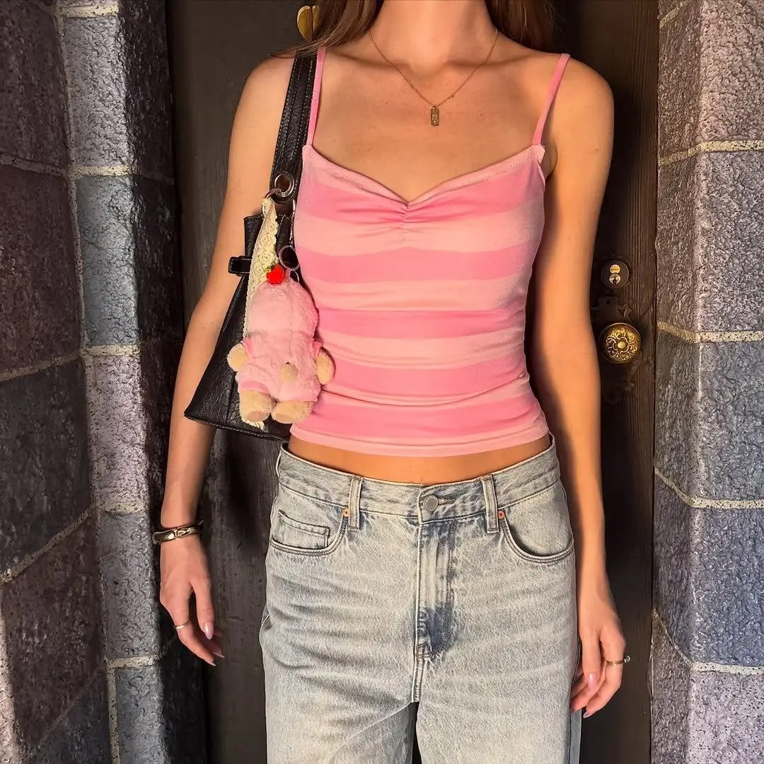 Haut court camisole pour femme, style Y2K vintage décontracté, à imprimé rayé color block, avec fronces à l'avant, coupe ajustée, décolleté cœur et bretelles spaghetti