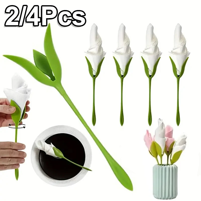 2/4pcs Green Floral Napkin Holders, Rose Napkin Fold Tool, Flower Napkin Holders For Romantic Table Setting, Hotel/Party Decor​