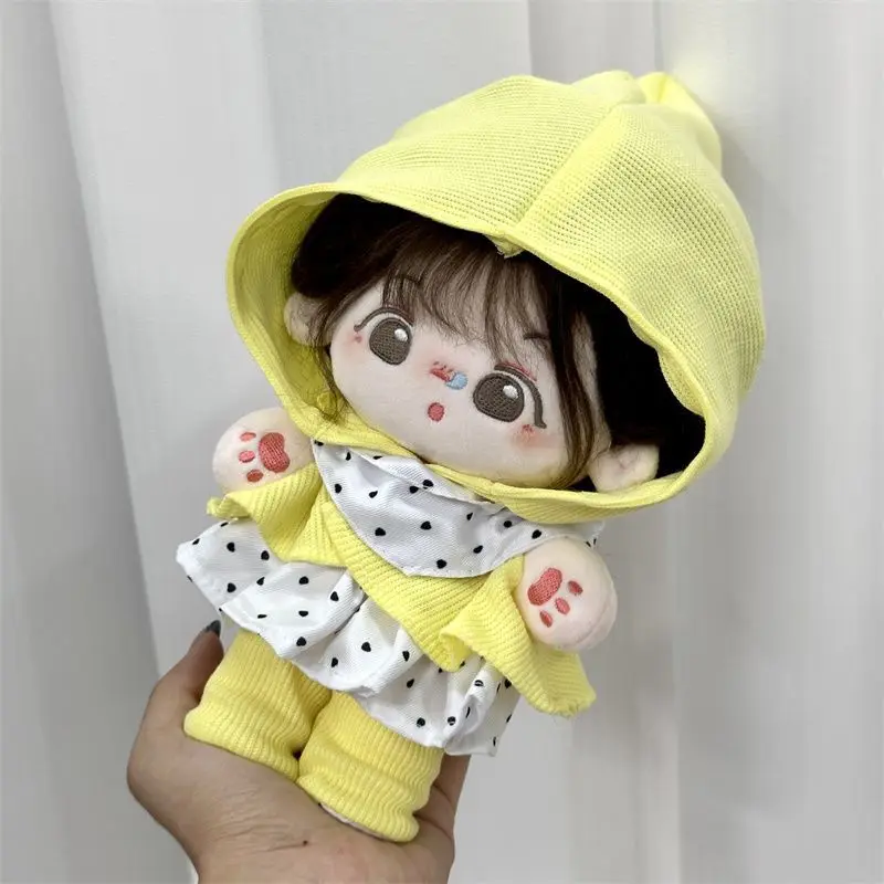 20 cm Plüsch Puppe Kleidung Handgemachte Süße Nette Gelbe Pullover Schuhe Weiß Polka Dots Halstuch Mode Set Für Puppe Zubehör