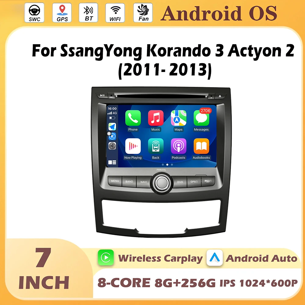 Android 16 Auto Wireless Carplay Car Radio For SsangYong Korando 3 Actyon 2 2011-2013 Multimedia Stereo Tools DSP SWC Tool Fan