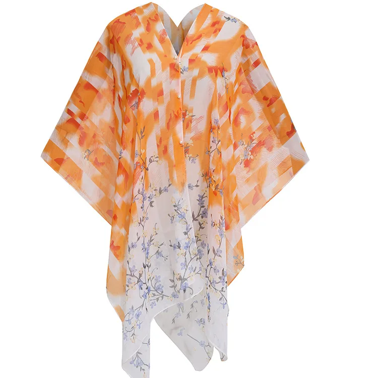 New Women Sun Protection Shawl for Cycling Lady Summer Chiffon Holiday Flower Scarf Bikini Blouse Breathable Beach Wrap P1