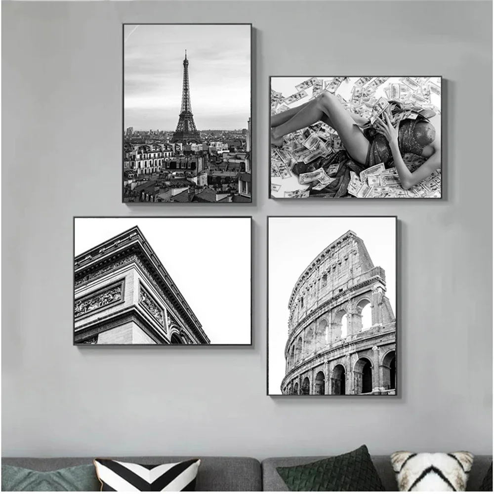 Black White Italy Rome Paris Tower Poster Vintage Canvas Painting Fashion Girl Art Prints Nordic Wall Pictures Living Room Decor