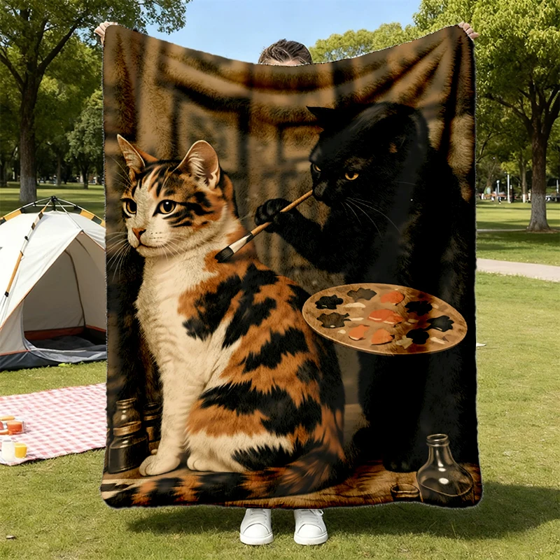 Funny Cat Painting Warm Blanket, Renaissance Cat Art Soft Blanket, Classic Art Meme Gift, Vintage Museum Style Comfy Bla