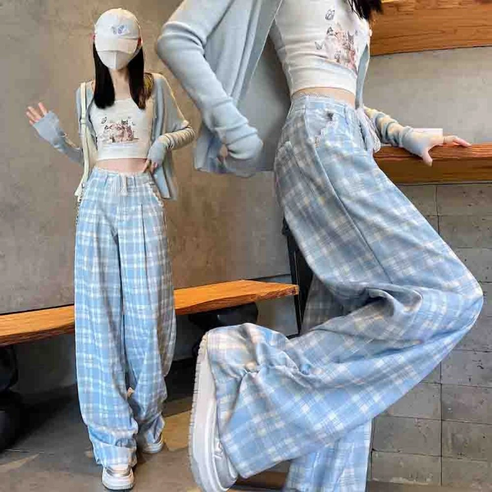 

High Waist Lace Grid Straight Pants Loose Yamamoto Wide Leg Pants Women Dropping Feeling Casual Plaid Baggy Trousers Spring
