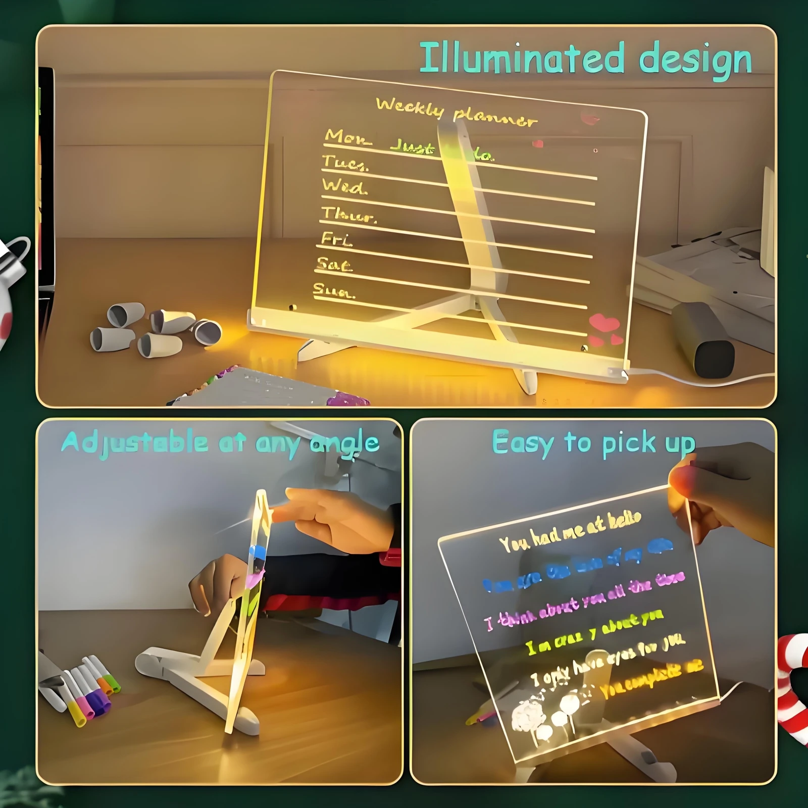 Light Up Acrylic Message Board Rewritable DIY Children Glowing Drawing Board Message Lamp with 7 Colorful Pens