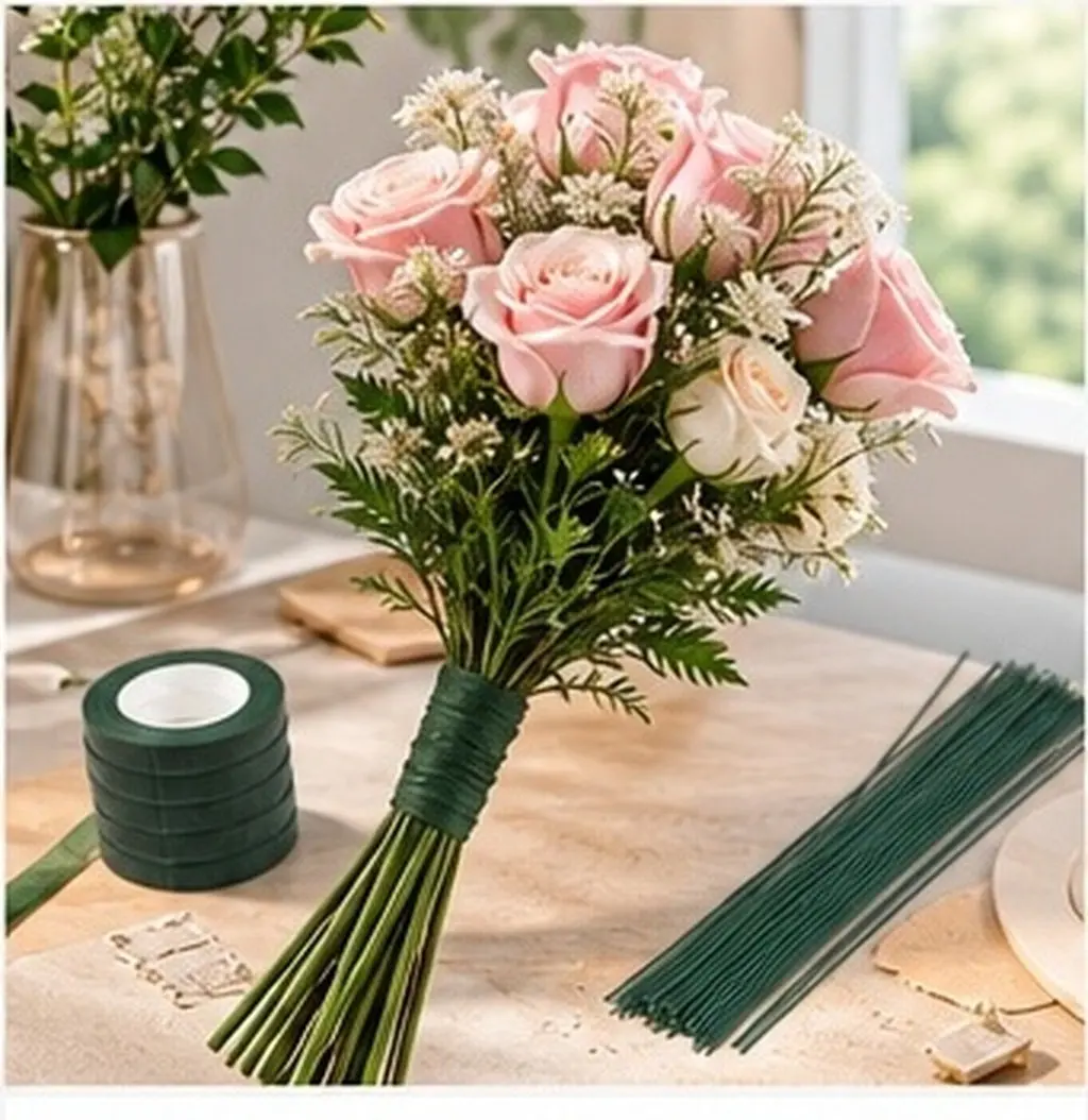 Floral Tape and Wire Kit Green Flower Stem Wrap for DIY Bouquets Artificial Flowers Florist Craft Supplies