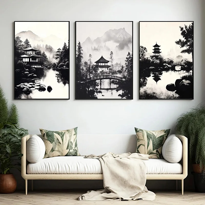 Monks by Pagoda Reflecting on Misty Lake Black and White Zen Art Minimalist Chinese Style Pavilion Poster Serene Peaceful Decor