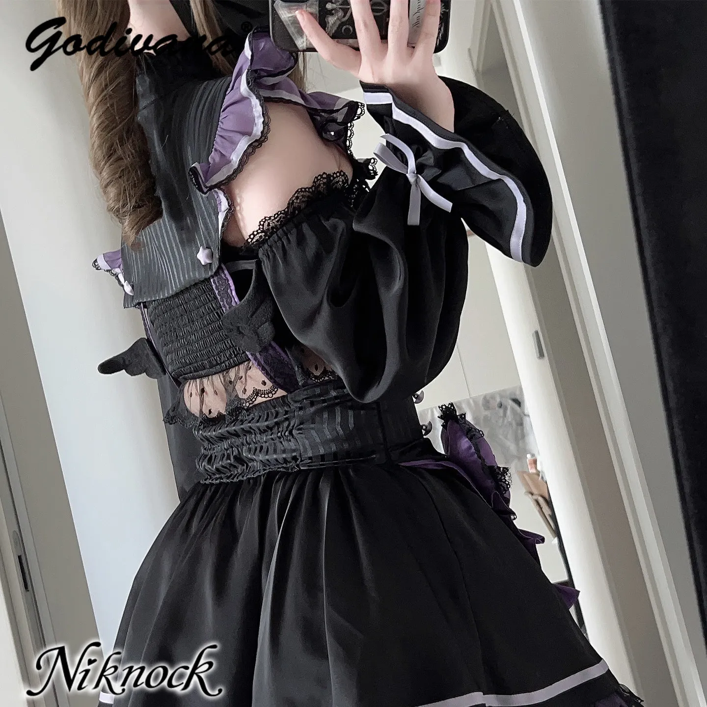 japanese style maid dress Original Cute Cosplay Costume Girl Women's Stand Collar Long Sleeve Top High INV-950868