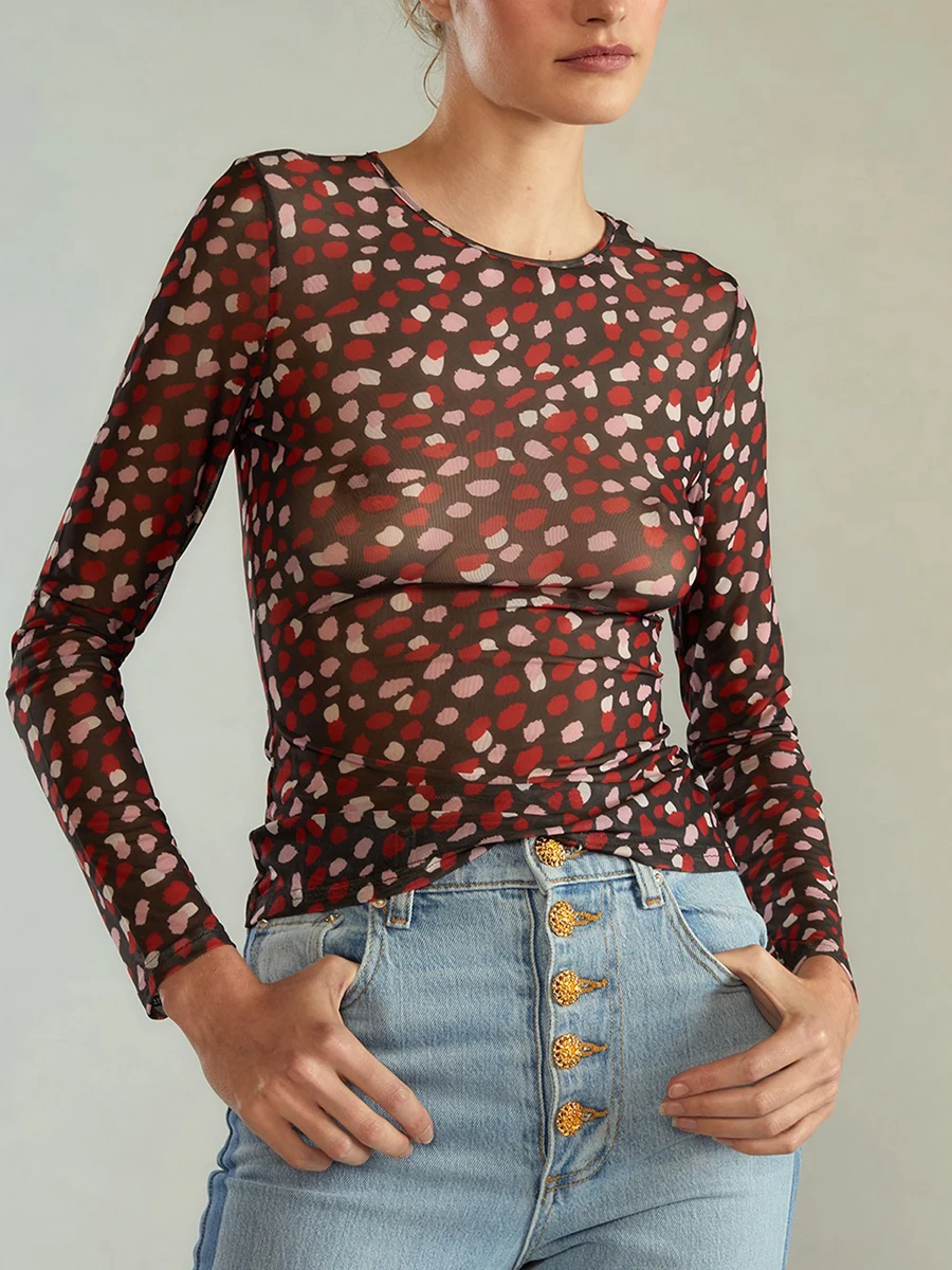 Women s Mesh Tops Long Sleeve Round Neck Floral Spot Leopard Print  Fit T-Shirts Basic Blouses