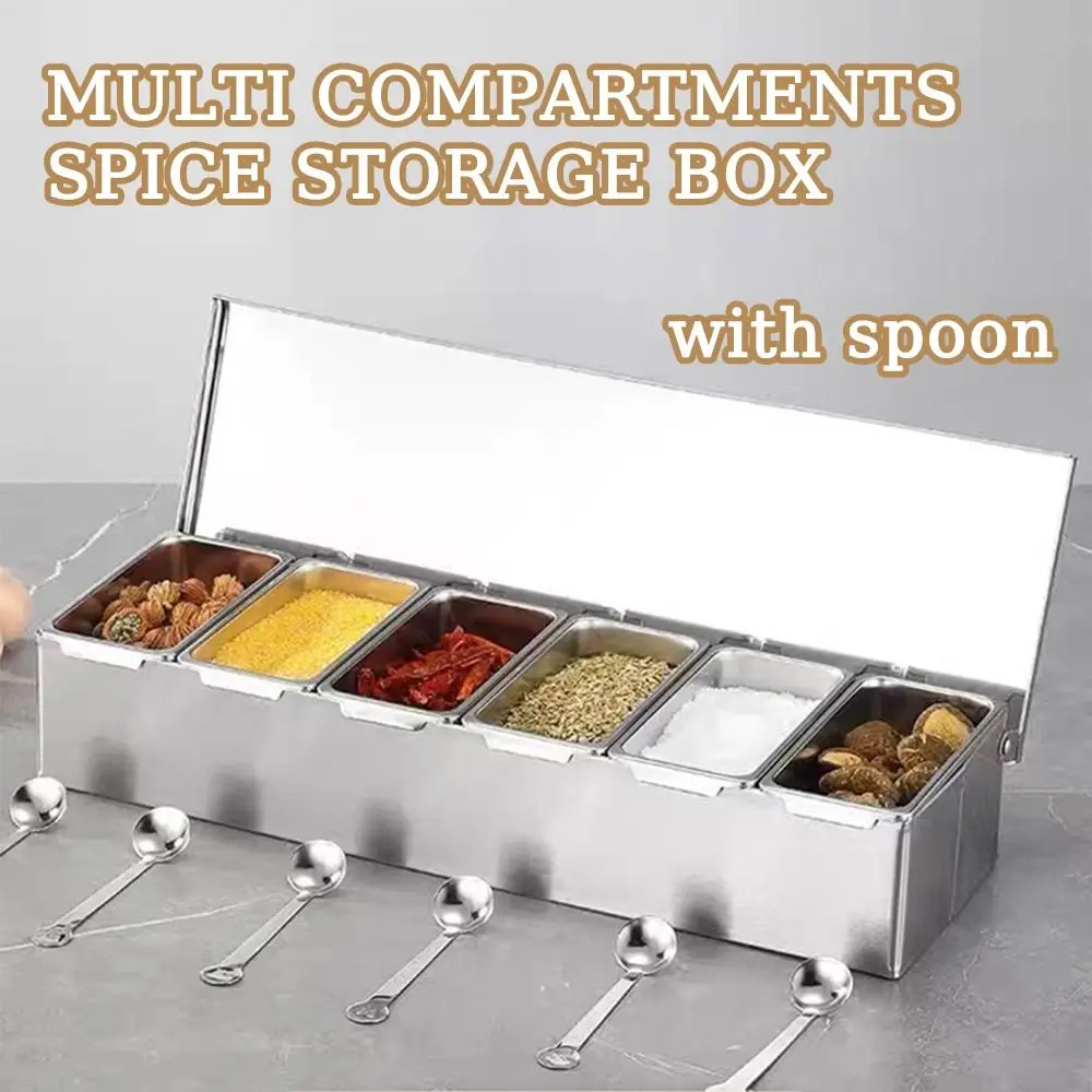 Creative Spice Storage Box 2/3/4/5/6 Grids with Lid Seasoning Storage Jar with Spoon Large Capacity Kitchen Spice Rack
