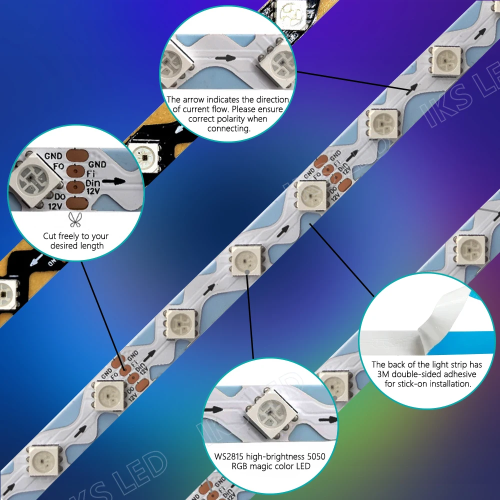 DC12V WS2815 8 مللي متر الذكية RGB بكسل LED قطاع تيار مستمر 5 فولت WS2812 عنونة بشكل فردي IC 30/60/144 بكسل/المصابيح/م ضوء الشريط