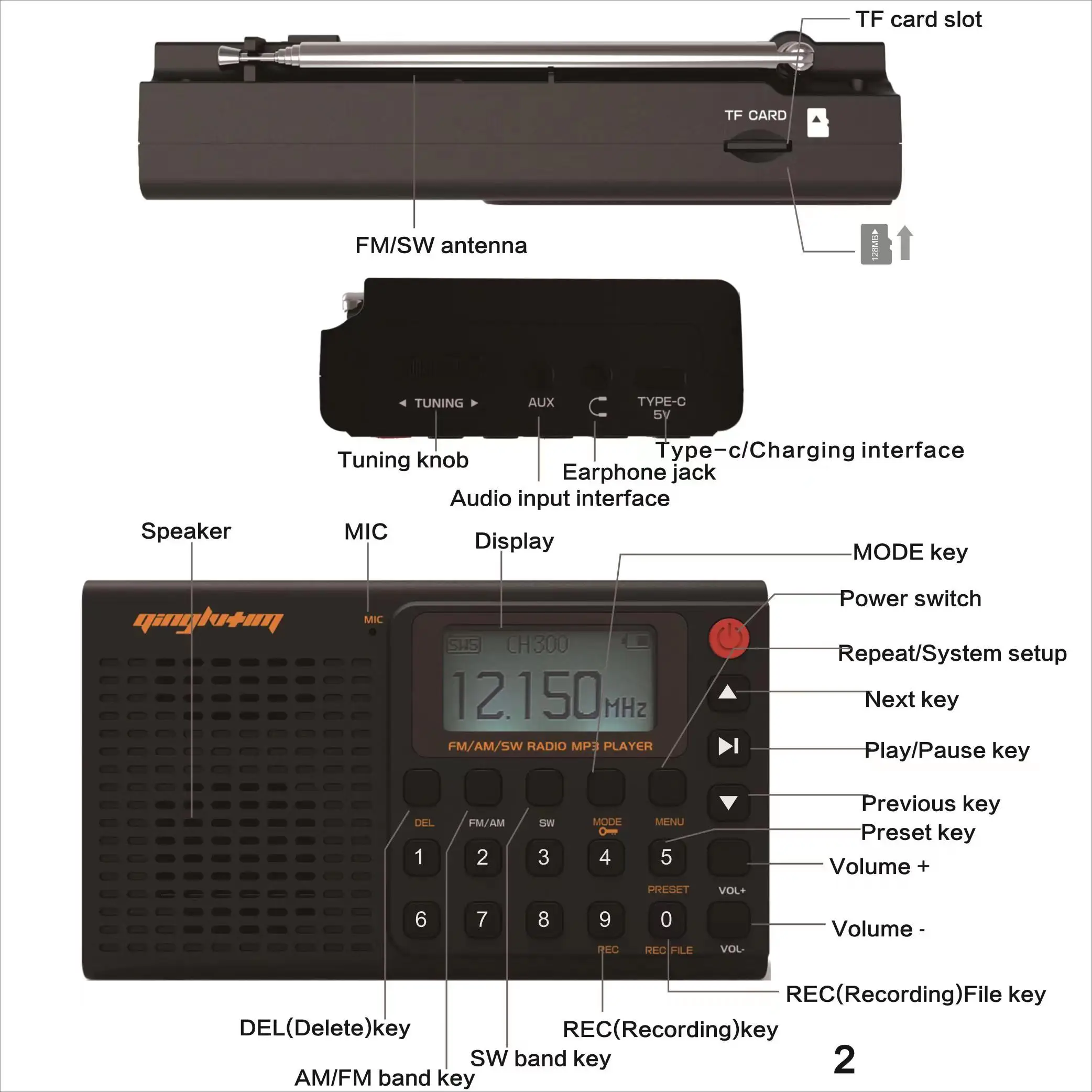 Yorek am/fm/sw gravador de rádio banda completa portátil, gravação recarregável do apoio de rádio de digitas e cartão do tf com temporizador do sono