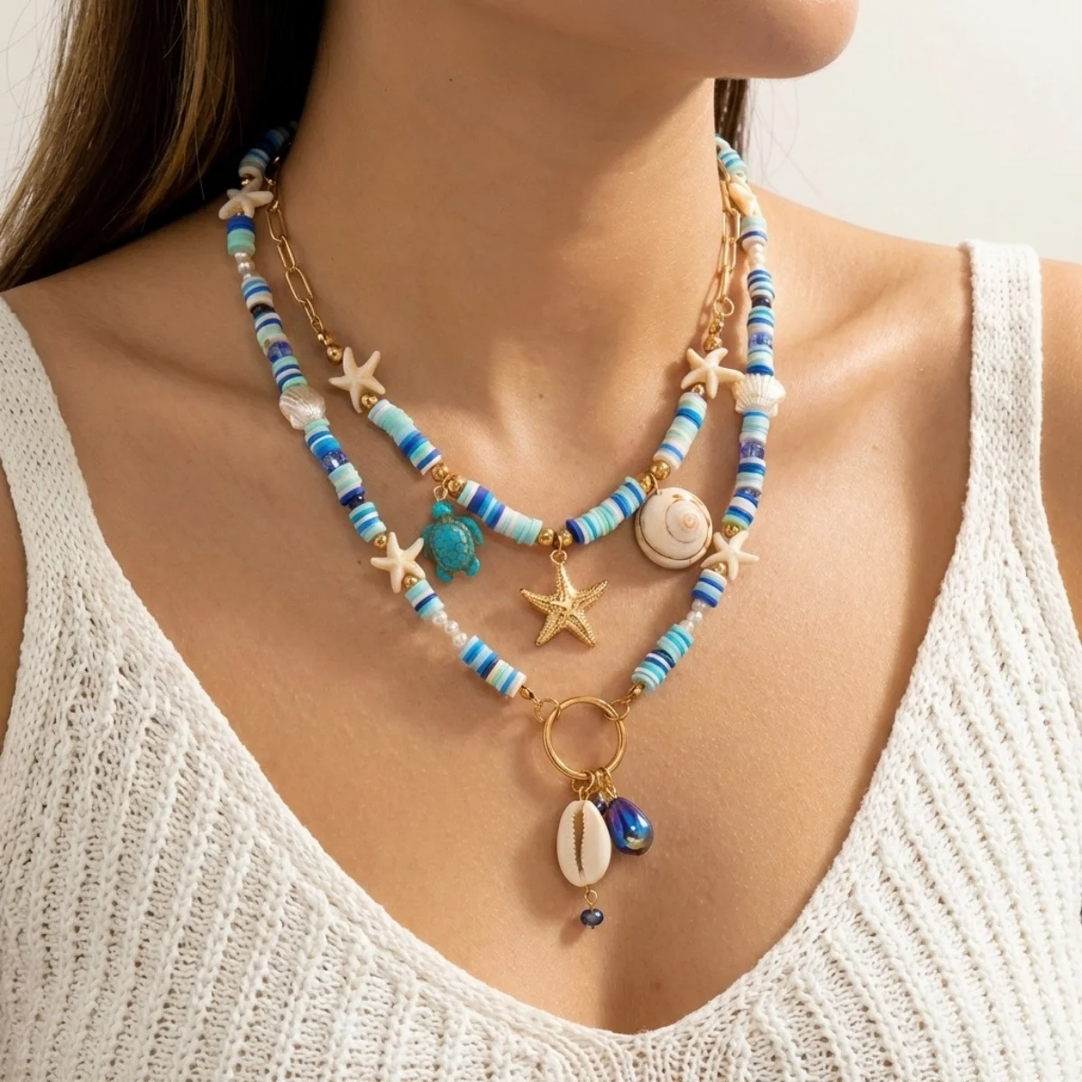 Halskette mit Seestern, Muschel, Schildkröte und Quaste aus Kunstharz für Damen und Herren, doppellagig, blau, aus weicher Tonperlen, Sommer-Strandschmuck – Detail 15