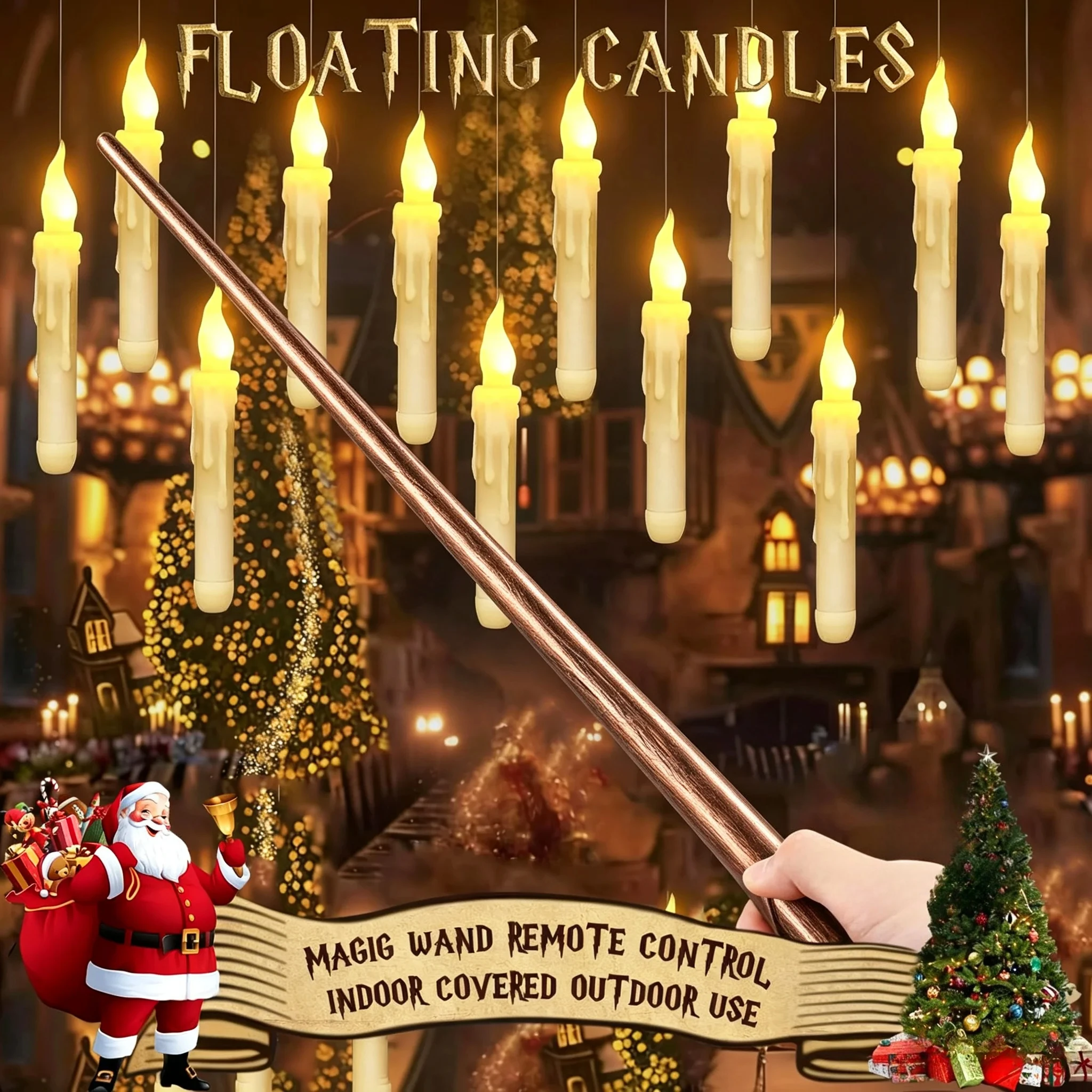 Floating Hanging Candle Lights with Magic Wand Remote Flameless LED Magical Window Candles for Halloween Birthday Church Decor