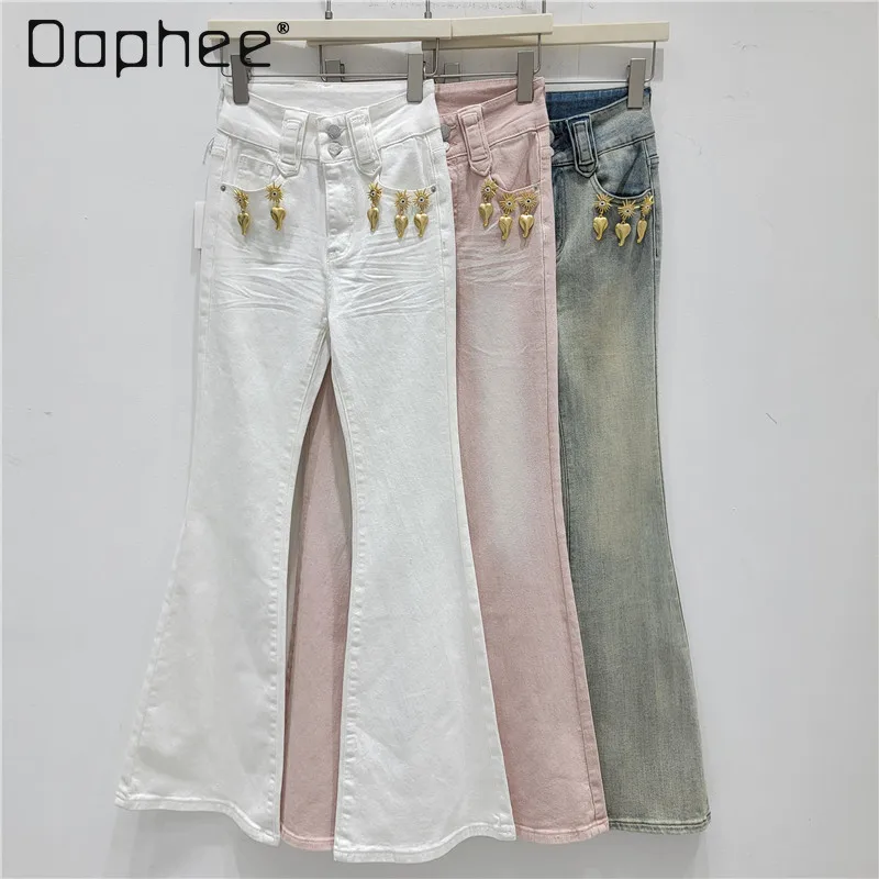 

Fashionable Heavy Industry Metal Pendant Decoration Design Washed and Old Slightly Spicy Elastic Jeans Trend Women Jeans