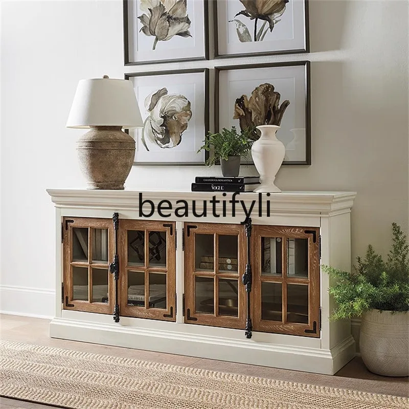 

American solid wood bookshelf storage combination cabinet white simple light luxury floor living room cabinet with glass door