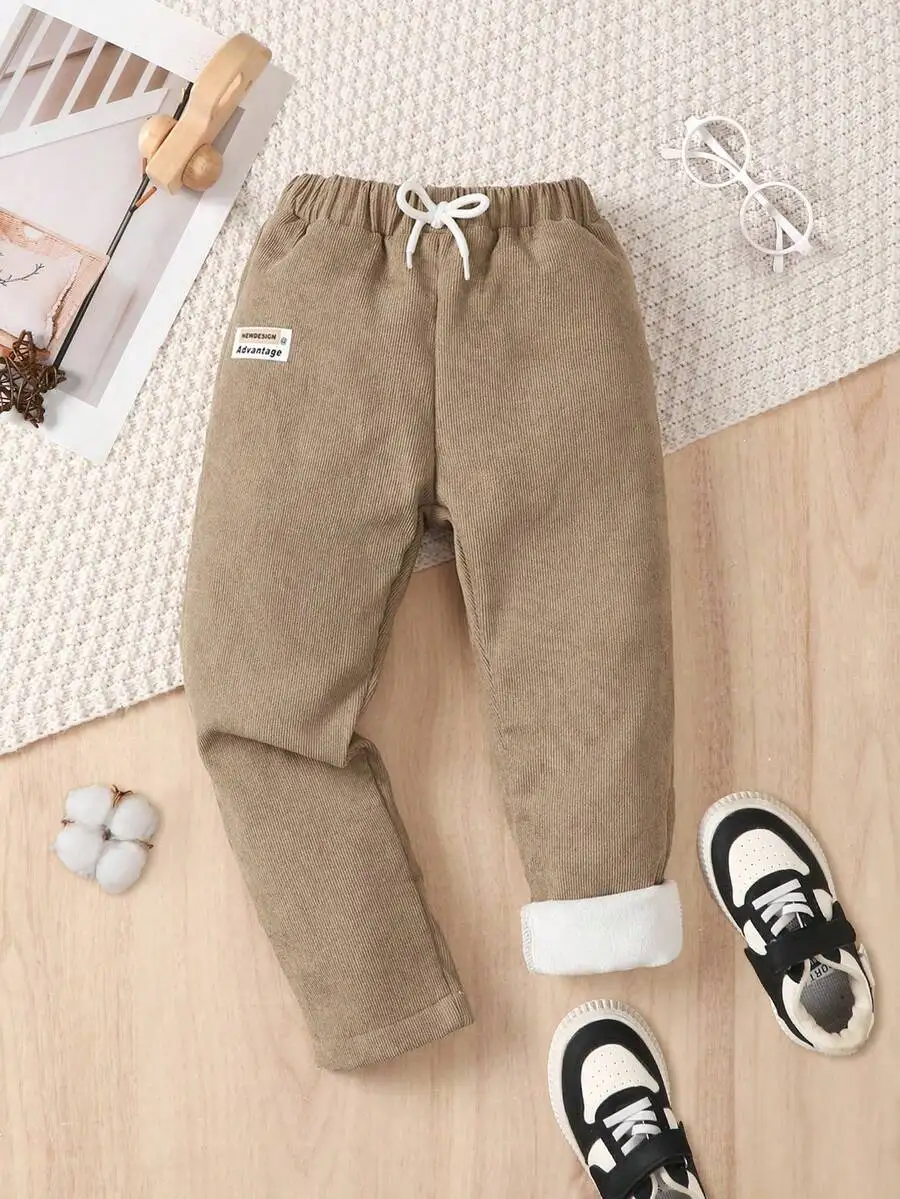 

Kids Corduroy Pants with Drawstring Waist and Fleece-Lined Cuffs for Fall Winter