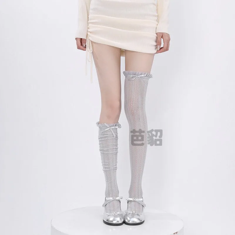 Sweet Ballet Style over Knee Long Socks Women Early Spring  Knot High Waist Leggings Match Mary Jane Little Leather ...