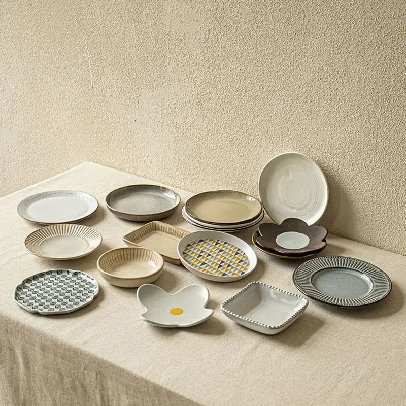 Fresh Exquisite Underglaze Color Dish Creative Retro Round Ceramic Dishes Plates Cake Dessert Household Kitchen Supplie