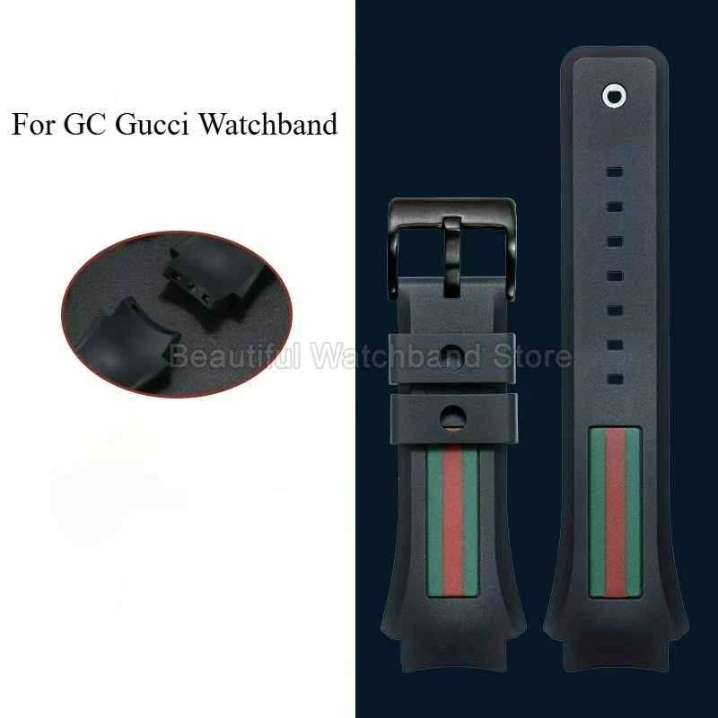 21mm Not Fade Premium Black Silicone Watchband with Red Green Stripe for GC Gucci YA137107A116 Resilient Stretchable Material