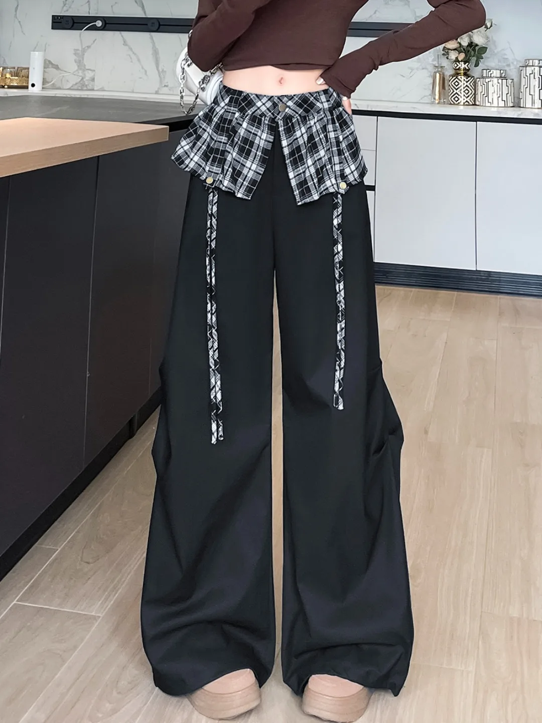 

American Retro Plaid Wide Leg Pants Women's Loose Fit Workwear Trousers Bla High Waist Straight Cut Spring Commute Sle