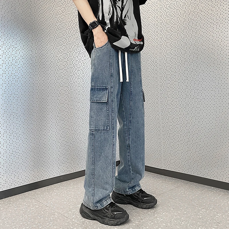 Men Jeans Straight Denim pants Tooling Denim Pants Men's Hip Hop Streetwear Neutral denim Trousers Elastic Waist Cargo jeans